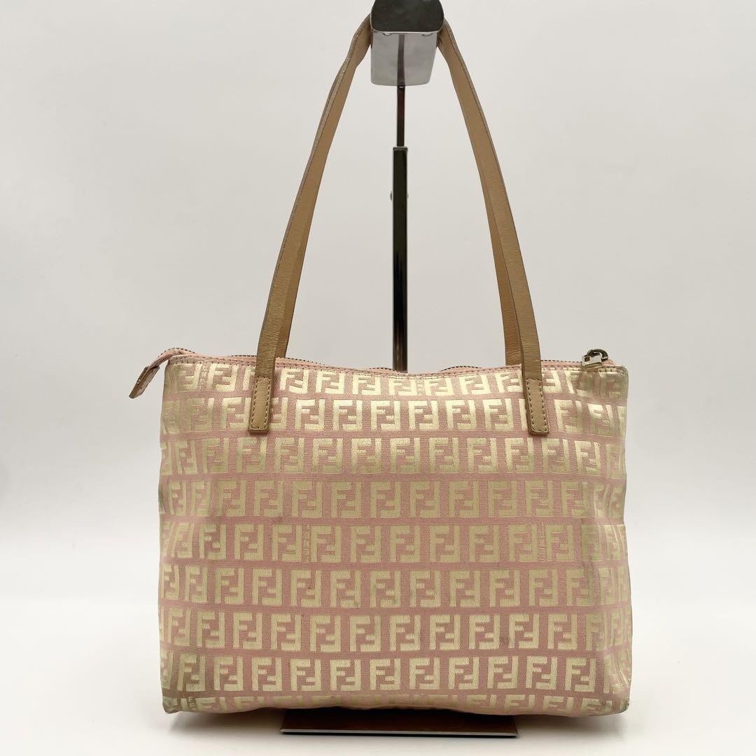 FENDI Hand Bag Tote Purse FF Zucchino Canvas Leather Pink Gold Authentic