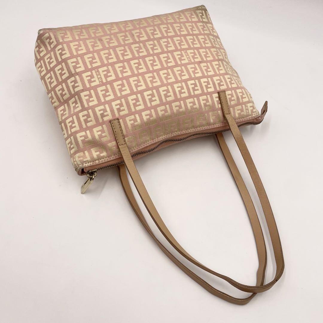 FENDI Hand Bag Tote Purse FF Zucchino Canvas Leather Pink Gold Authentic