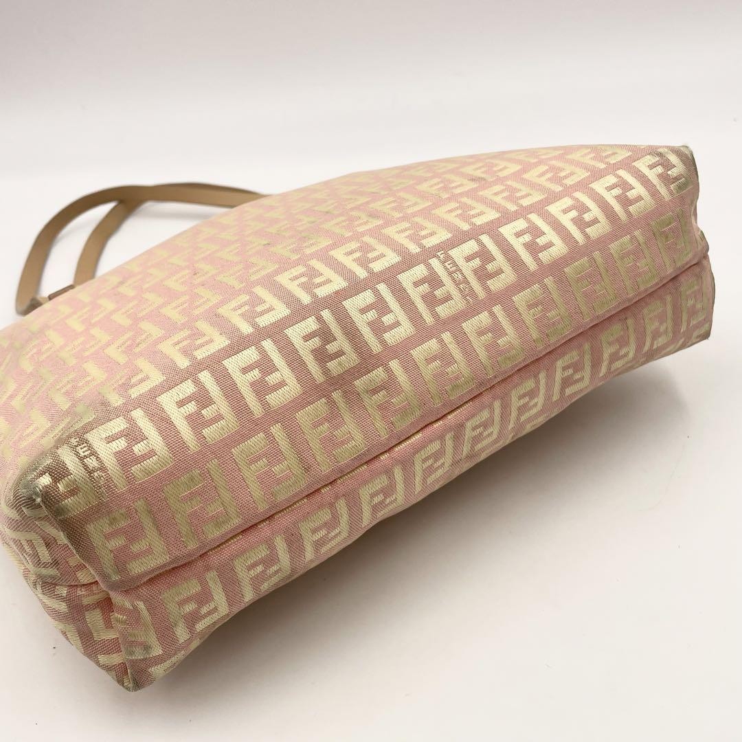FENDI Hand Bag Tote Purse FF Zucchino Canvas Leather Pink Gold Authentic