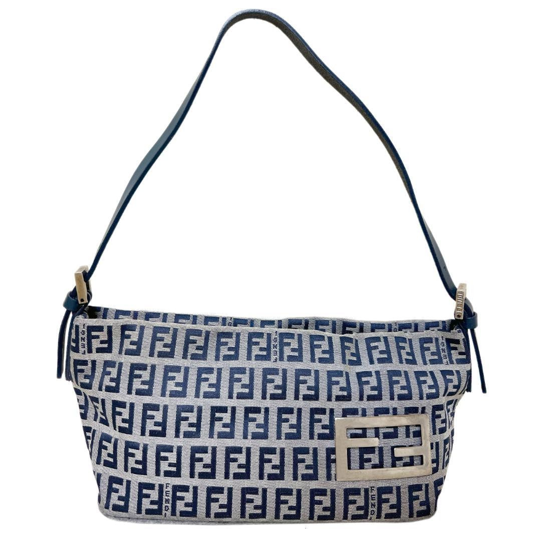 FENDI Accessory Pouch Hand Bag Tote Purse FF Zucchino Canvas Leather Navy Auth