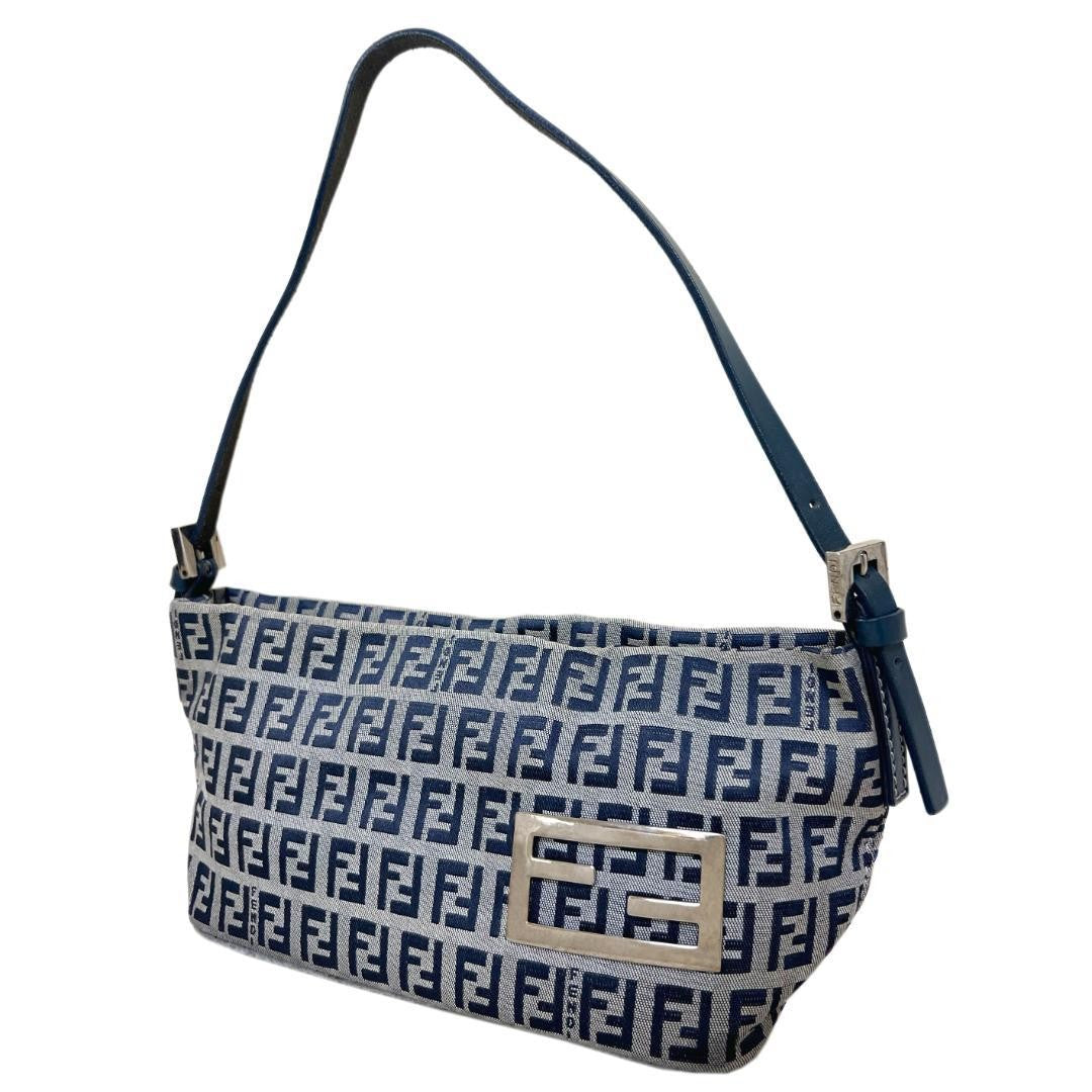 FENDI Accessory Pouch Hand Bag Tote Purse FF Zucchino Canvas Leather Navy Auth
