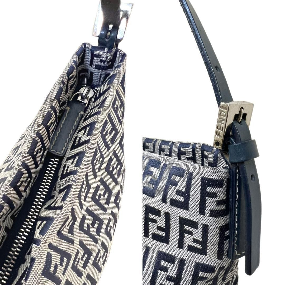 FENDI Accessory Pouch Hand Bag Tote Purse FF Zucchino Canvas Leather Navy Auth