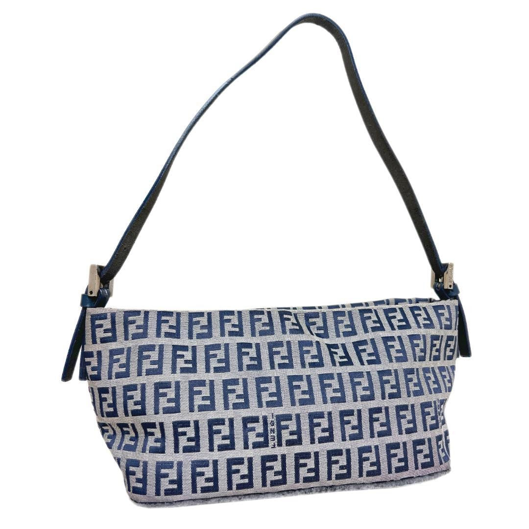 FENDI Accessory Pouch Hand Bag Tote Purse FF Zucchino Canvas Leather Navy Auth