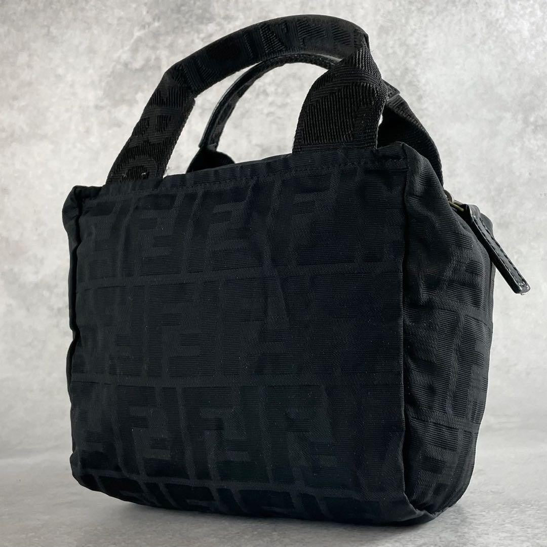 FENDI Hand Bag Tote Purse FF Zucca Nylon Leather Black Authentic