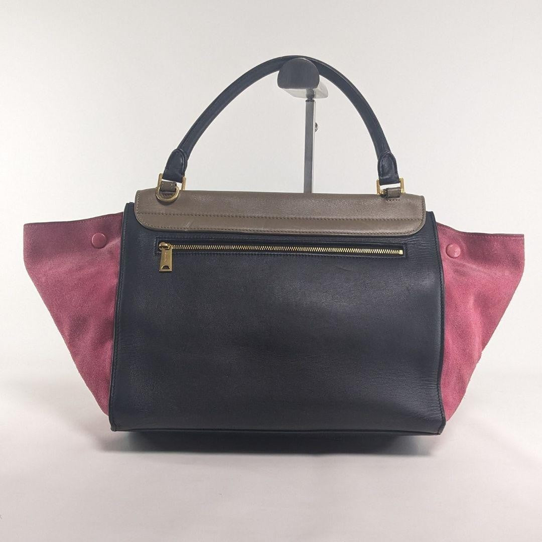 CELINE Hand Shoulder Bag Tote Purse Trapeze Leather Suede Black Pink Brown Auth