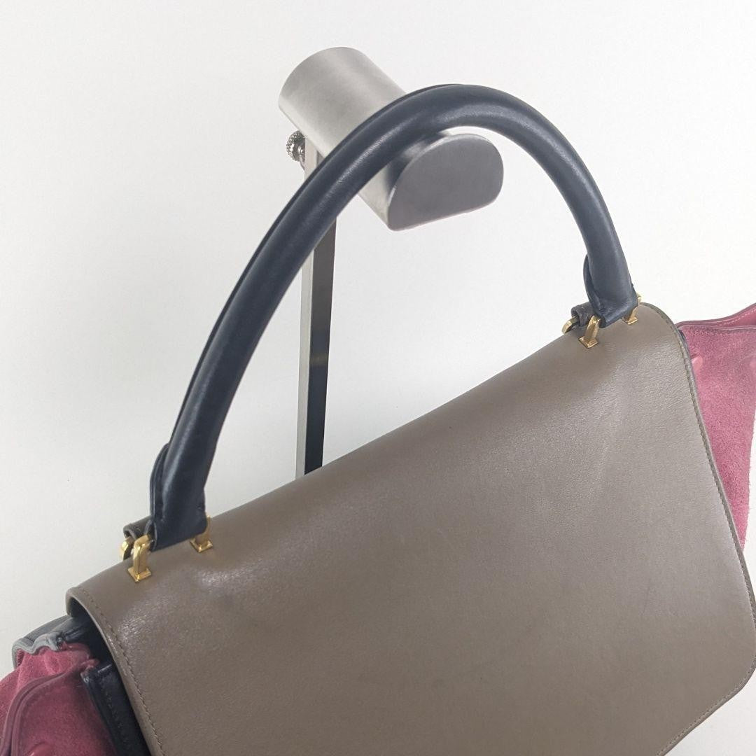 CELINE Hand Shoulder Bag Tote Purse Trapeze Leather Suede Black Pink Brown Auth