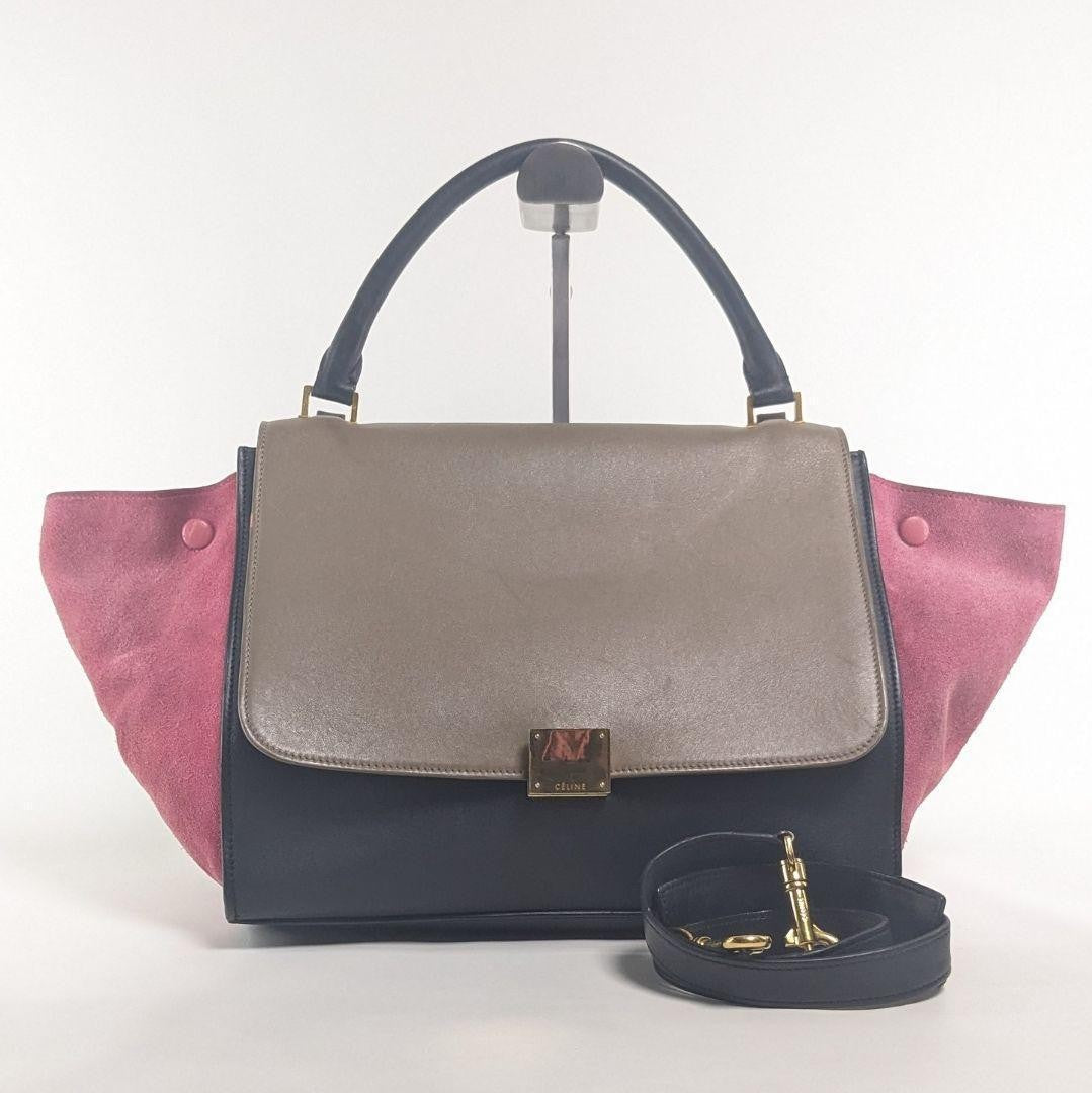 CELINE Hand Shoulder Bag Tote Purse Trapeze Leather Suede Black Pink Brown Auth