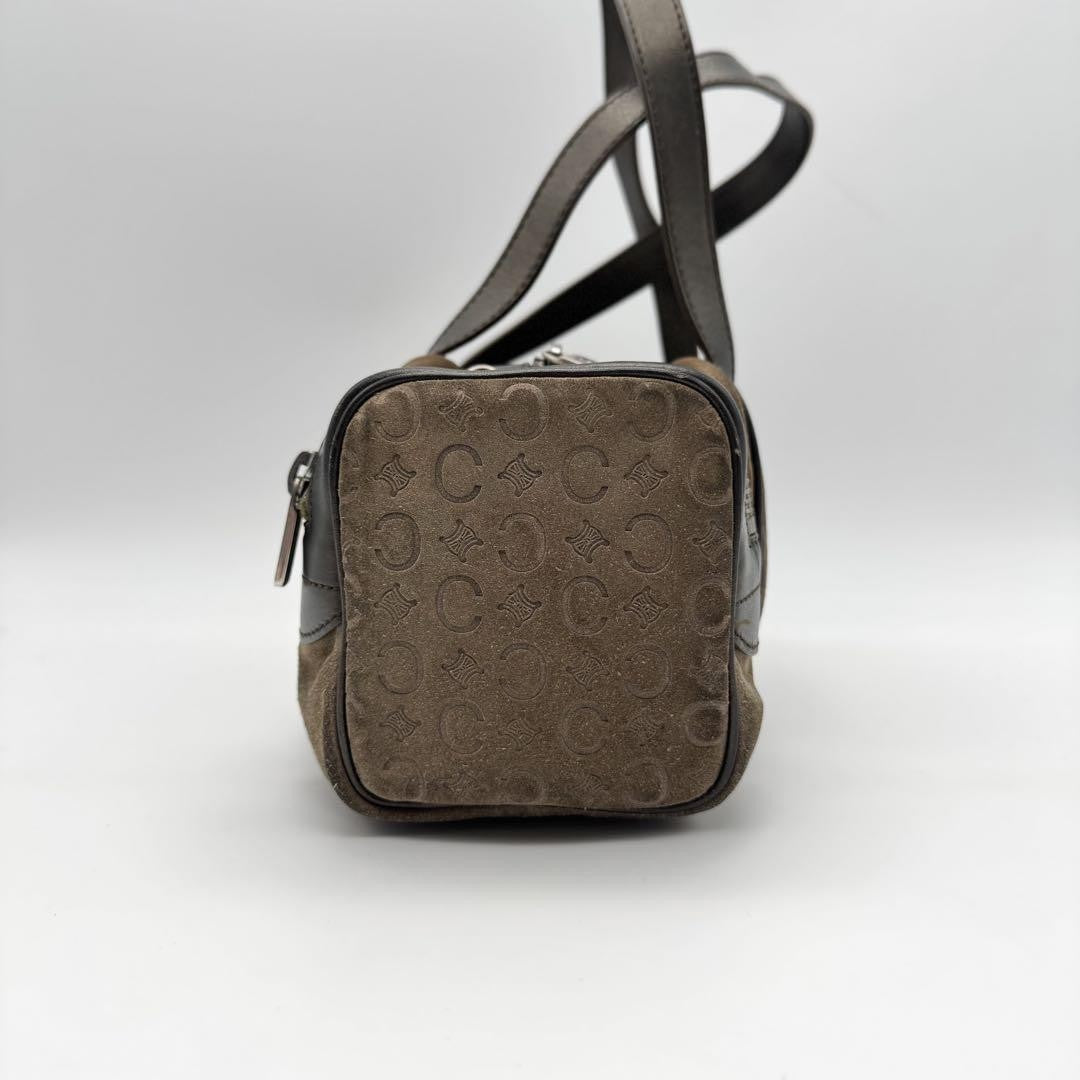CELINE Mini Boston Bag Hand Bag Tote Purse C Macadam Suede Leather Brown Auth