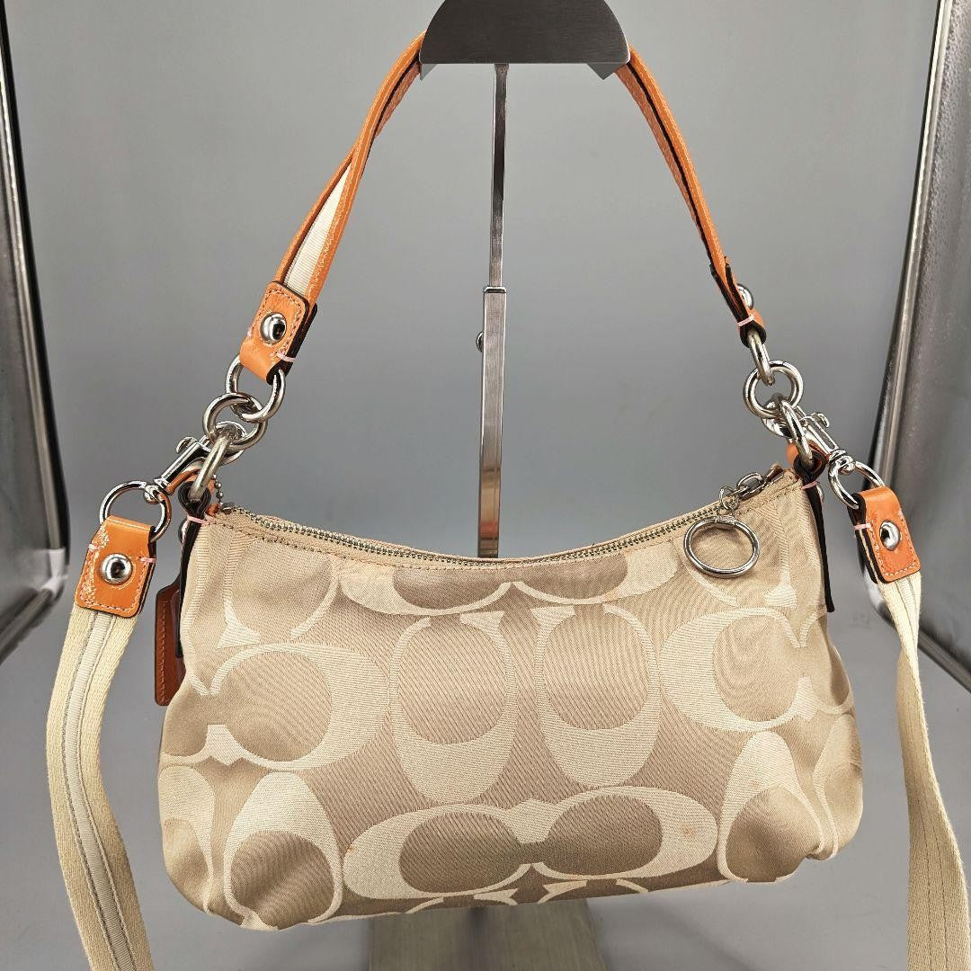 COACH Shoulder Bag Purse Signature Old Canvas Leather Gold Beige Authentic