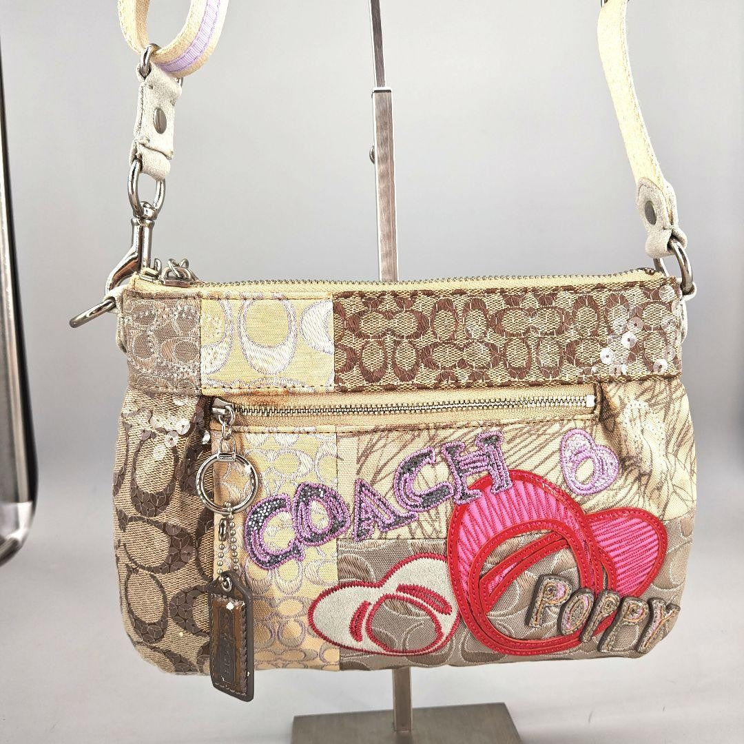 COACH Shoulder Bag Purse Signature Patchwork Sequin Poppy Beige Authentic