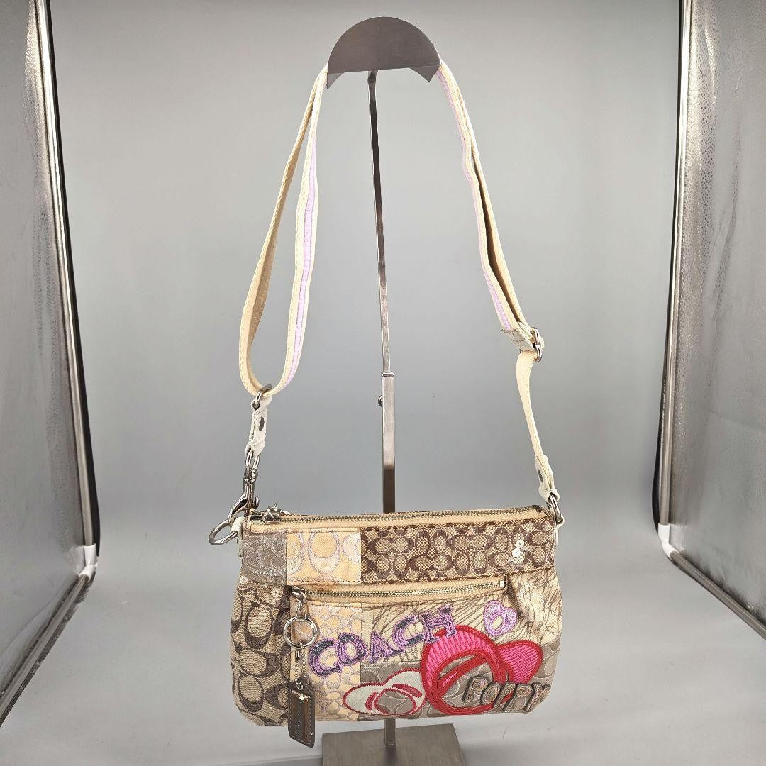COACH Shoulder Bag Purse Signature Patchwork Sequin Poppy Beige Authentic