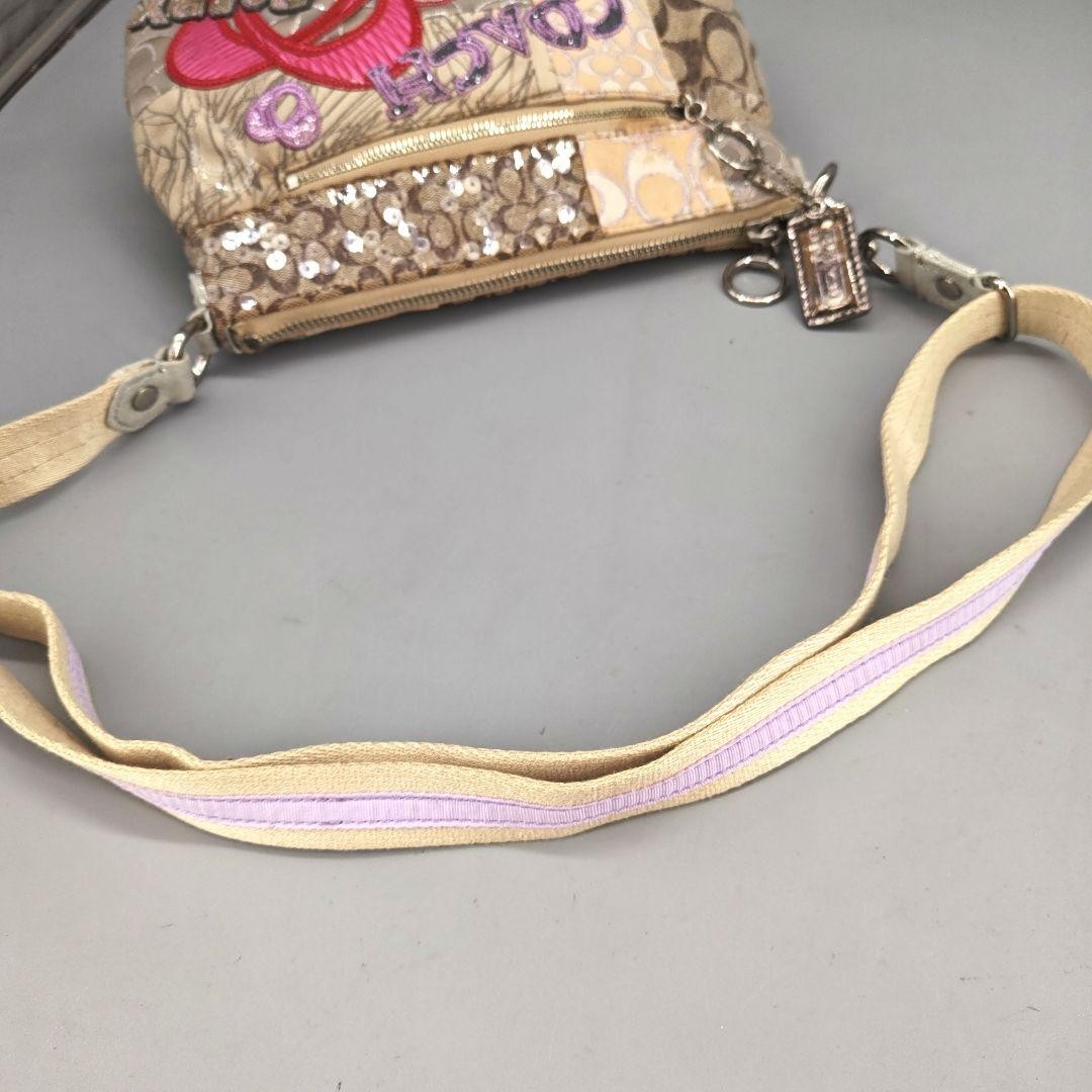 COACH Shoulder Bag Purse Signature Patchwork Sequin Poppy Beige Authentic