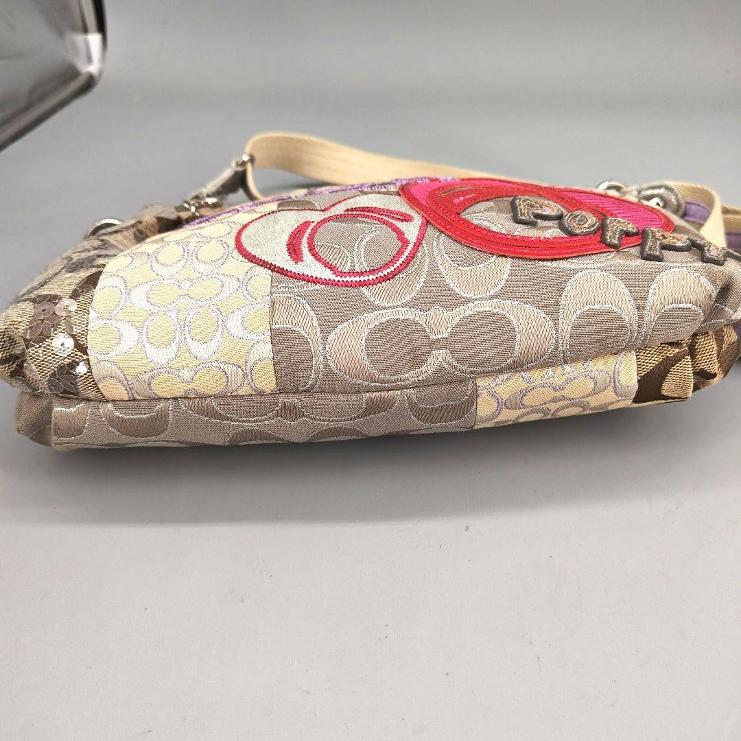 COACH Shoulder Bag Purse Signature Patchwork Sequin Poppy Beige Authentic