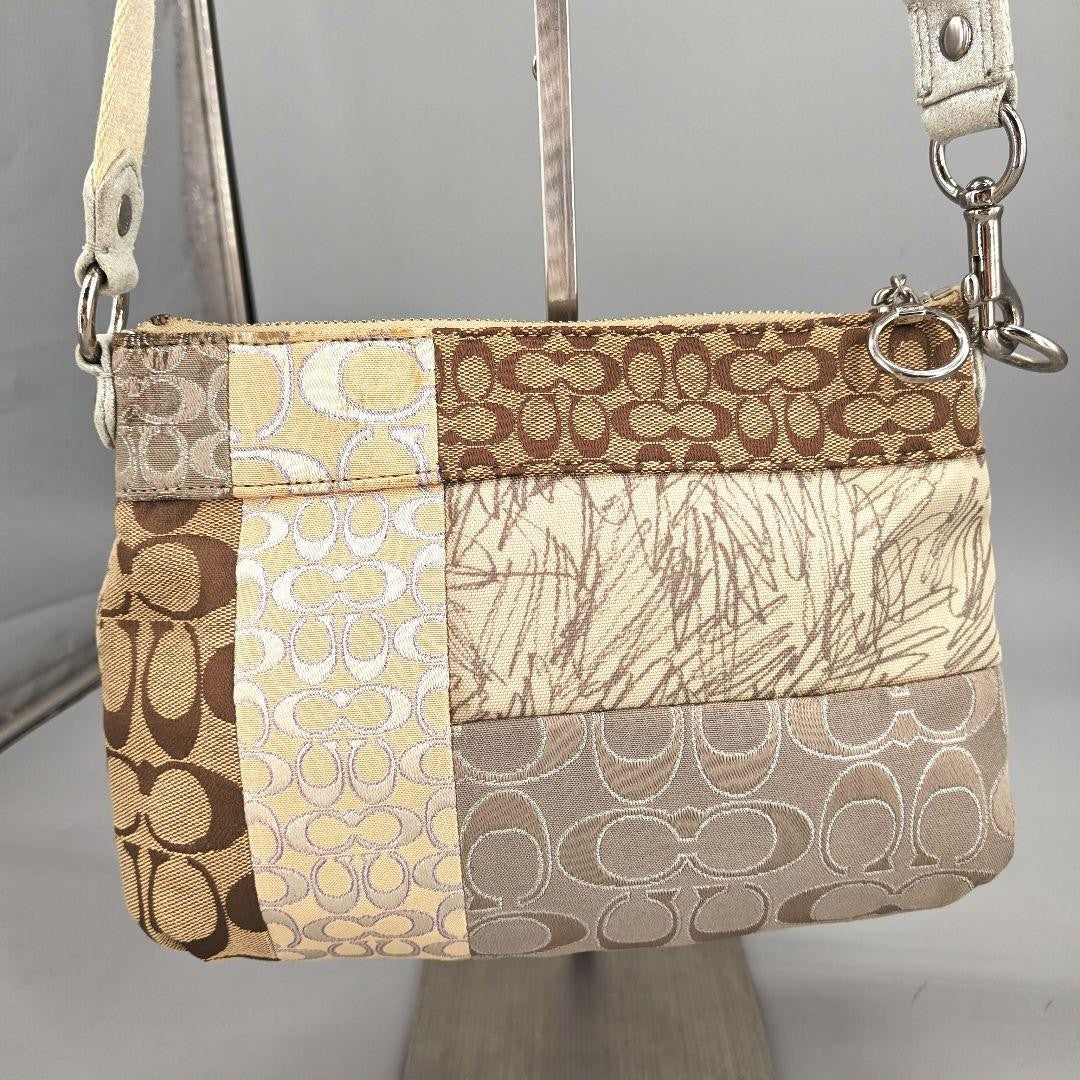 COACH Shoulder Bag Purse Signature Patchwork Sequin Poppy Beige Authentic