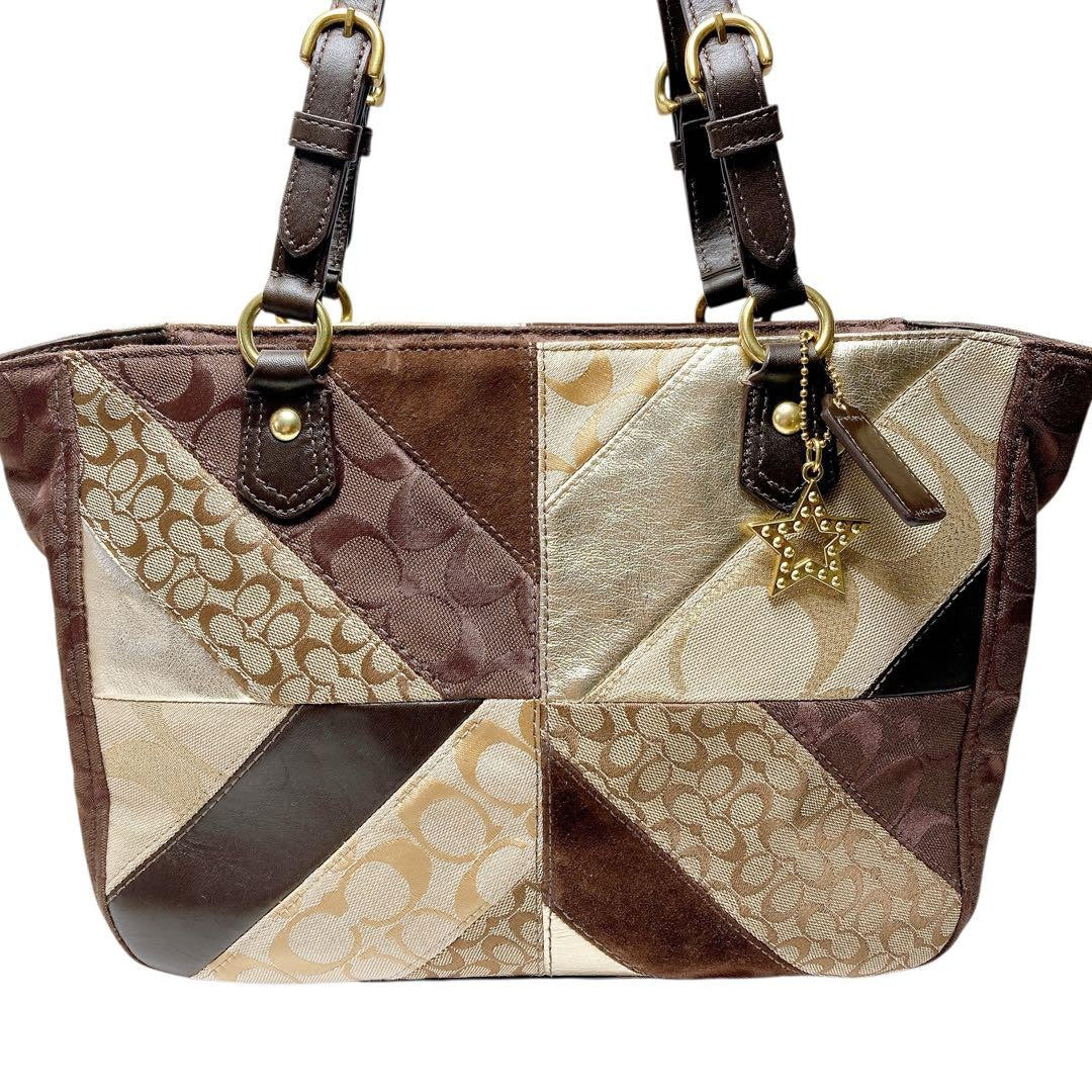 COACH Hand Bag Tote Purse Patchwork 17614 Leather Brown Authentic