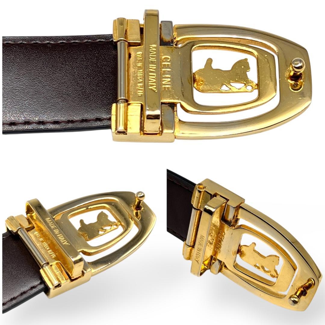 CELINE Men's Belt Horse carriage Gold Black Brown Leather Authentic