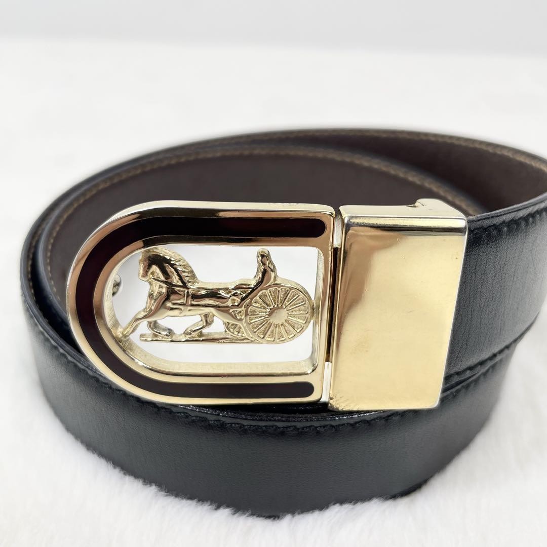 CELINE Men's Belt Horse carriage Gold Black Brown Authentic
