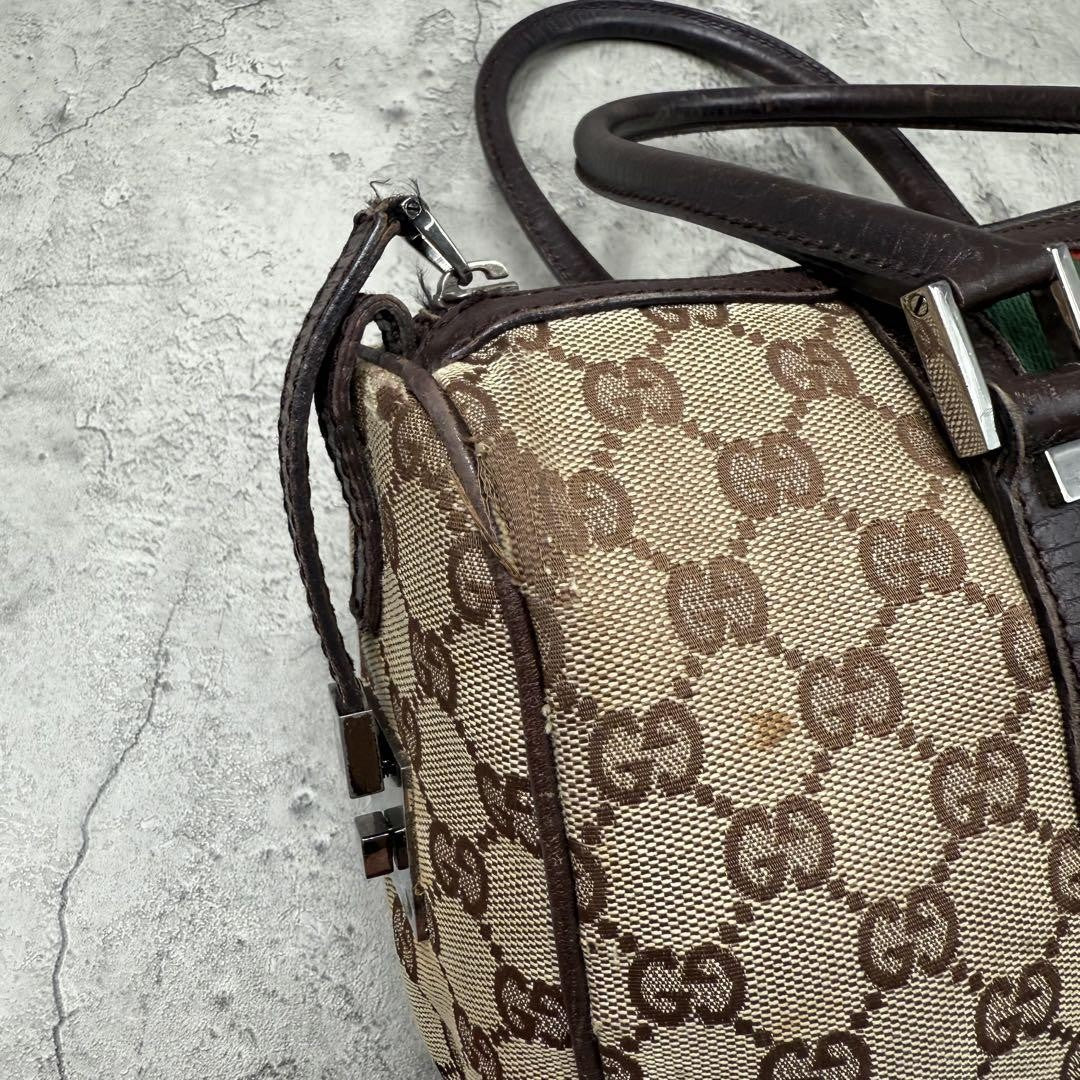 GUCCI Mini Boston Bag Hand Bag Purse Sherry Line GG Canvas Leather Beige Brown