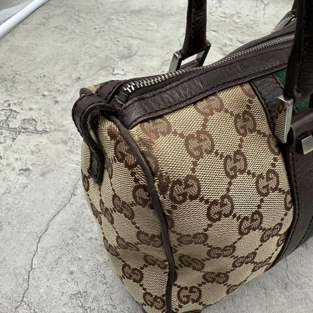 GUCCI Mini Boston Bag Hand Bag Purse Sherry Line GG Canvas Leather Beige Brown