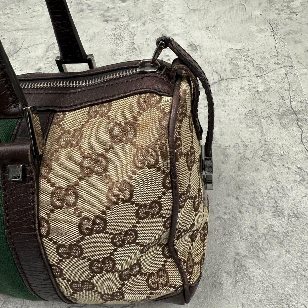GUCCI Mini Boston Bag Hand Bag Purse Sherry Line GG Canvas Leather Beige Brown