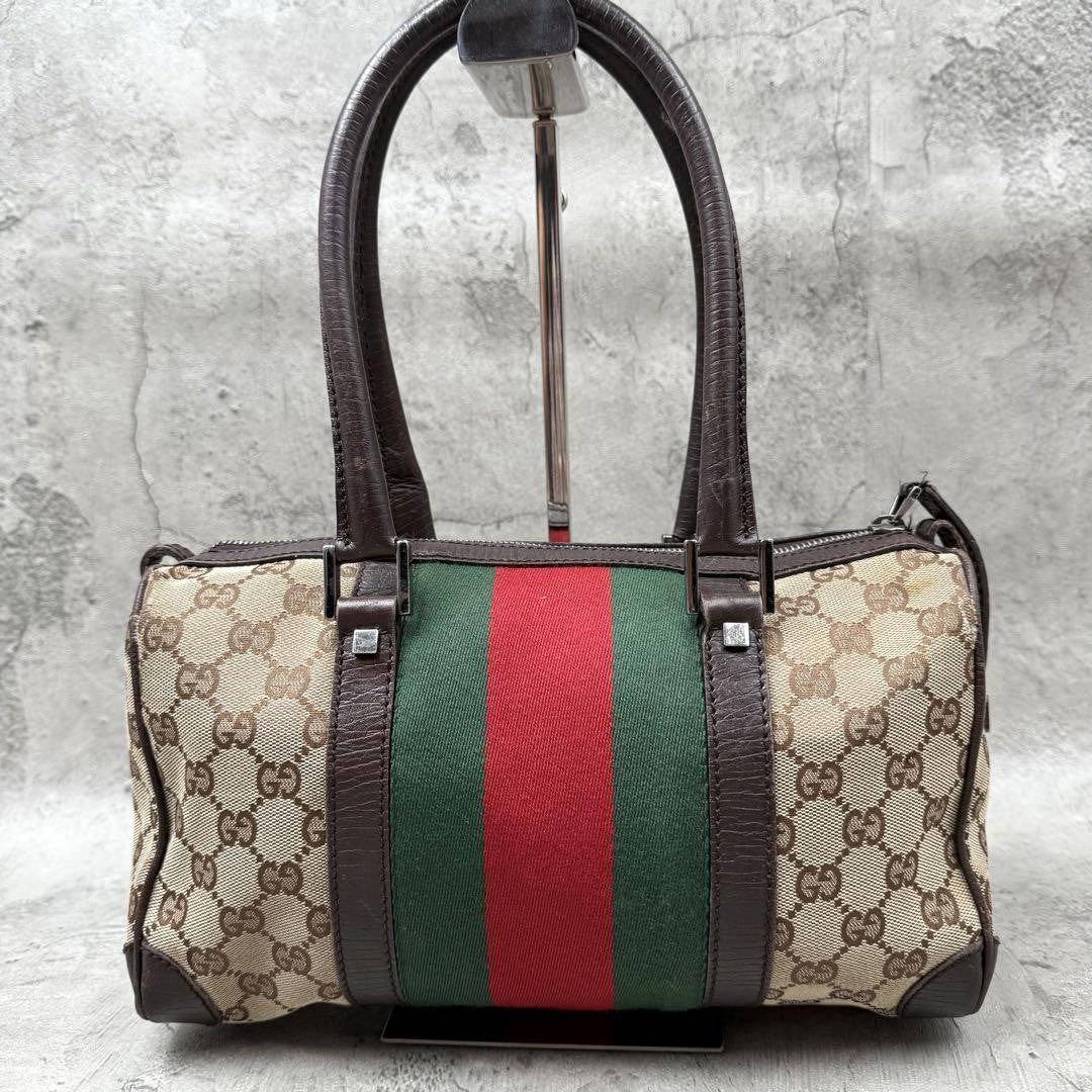 GUCCI Mini Boston Bag Hand Bag Purse Sherry Line GG Canvas Leather Beige Brown