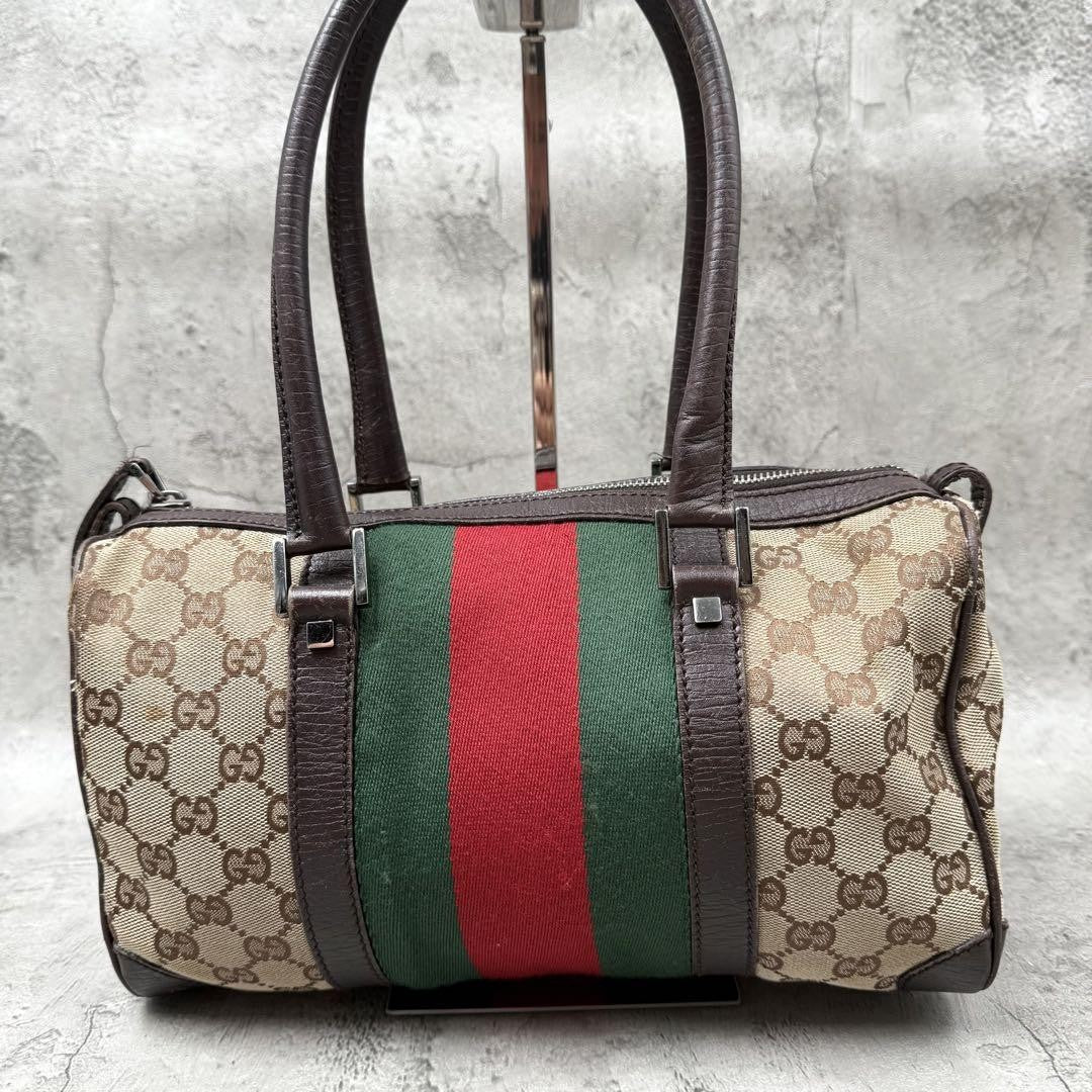 GUCCI Mini Boston Bag Hand Bag Purse Sherry Line GG Canvas Leather Beige Brown