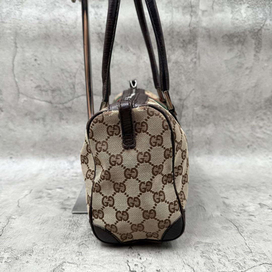 GUCCI Mini Boston Bag Hand Bag Purse Sherry Line GG Canvas Leather Beige Brown
