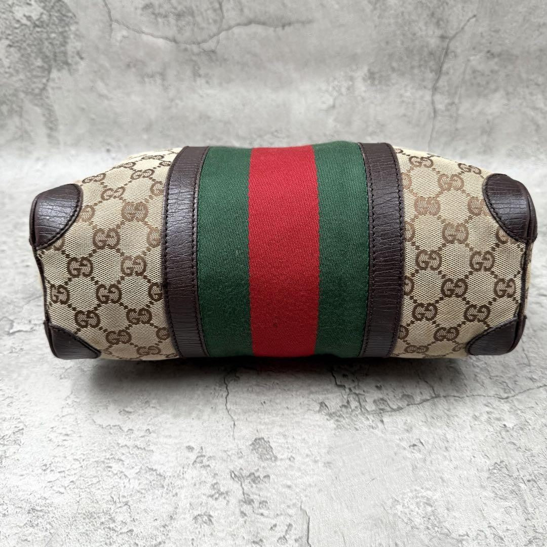 GUCCI Mini Boston Bag Hand Bag Purse Sherry Line GG Canvas Leather Beige Brown