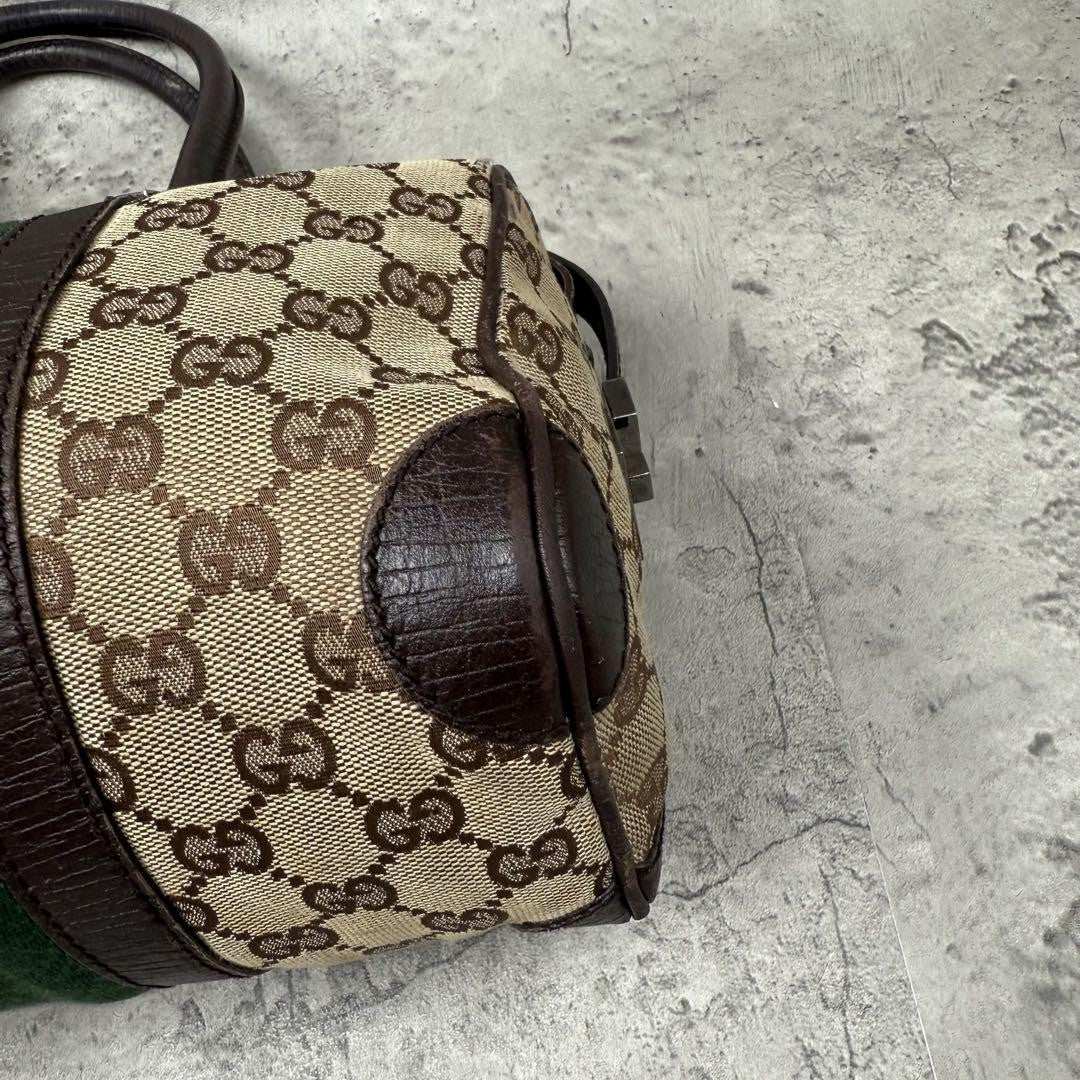 GUCCI Mini Boston Bag Hand Bag Purse Sherry Line GG Canvas Leather Beige Brown