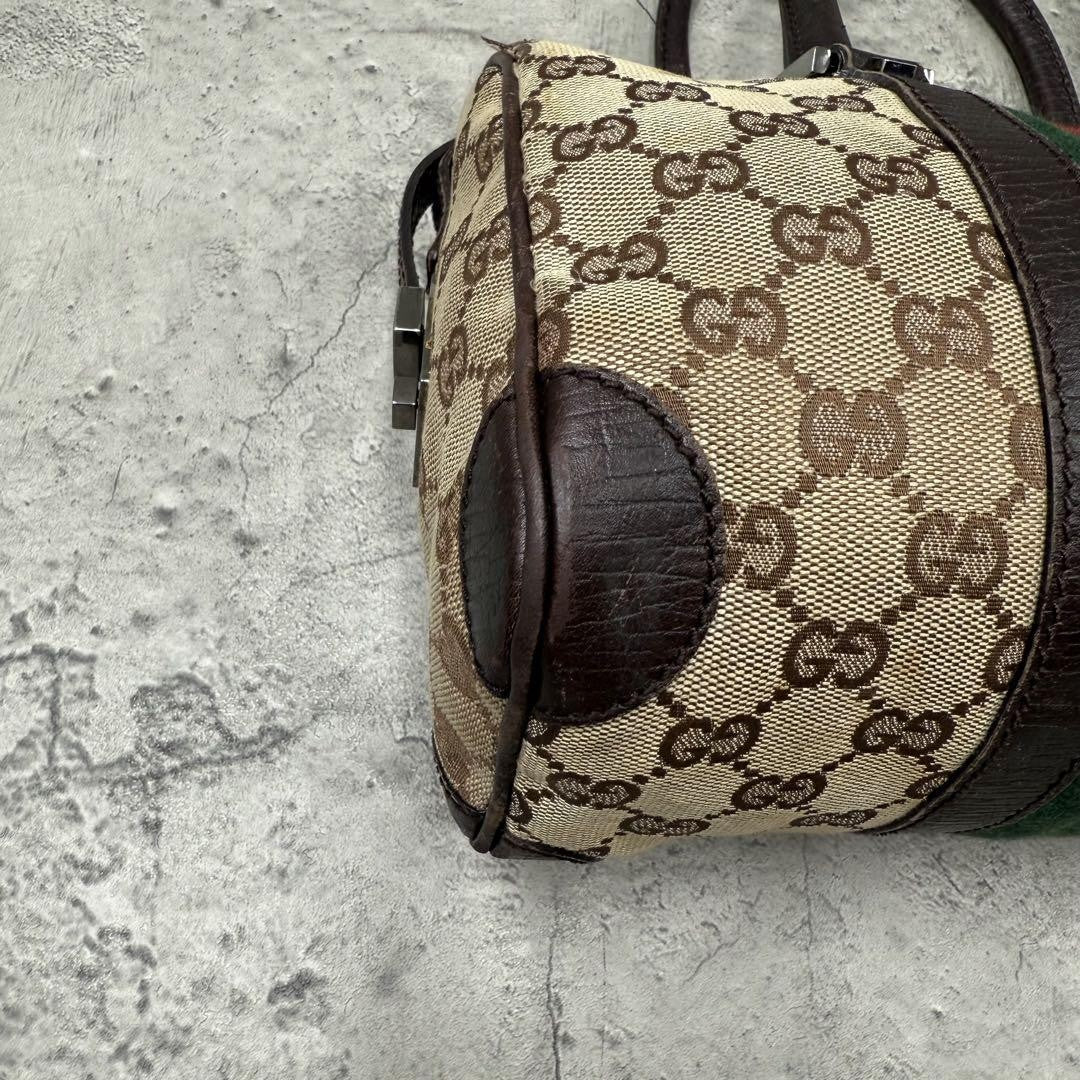 GUCCI Mini Boston Bag Hand Bag Purse Sherry Line GG Canvas Leather Beige Brown