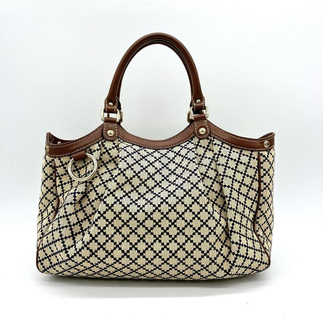 GUCCI Hand Bag Tote Purse Diamante Canvas Leather Beige Brown Navy Authentic