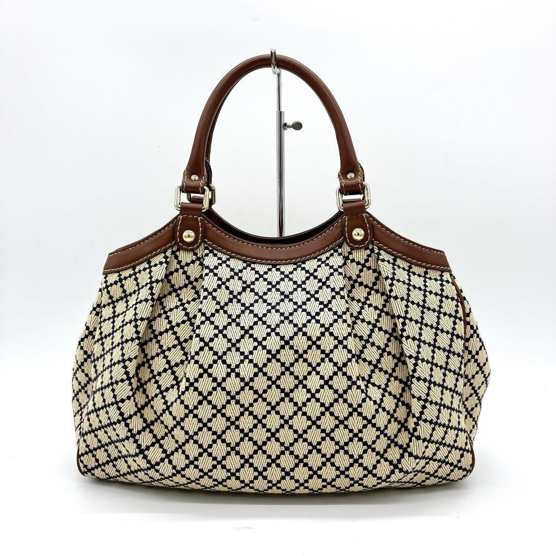 GUCCI Hand Bag Tote Purse Diamante Canvas Leather Beige Brown Navy Authentic