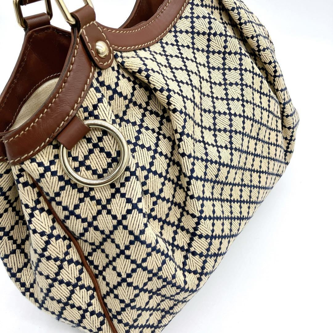 GUCCI Hand Bag Tote Purse Diamante Canvas Leather Beige Brown Navy Authentic