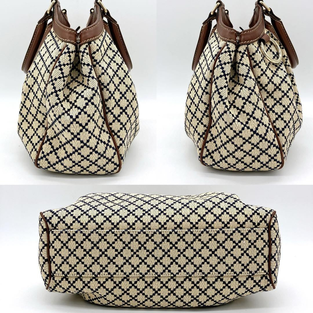 GUCCI Hand Bag Tote Purse Diamante Canvas Leather Beige Brown Navy Authentic