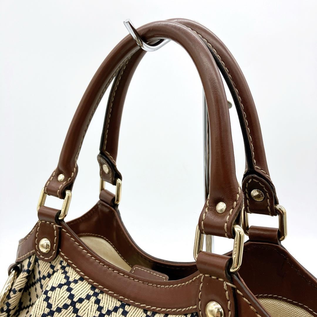 GUCCI Hand Bag Tote Purse Diamante Canvas Leather Beige Brown Navy Authentic