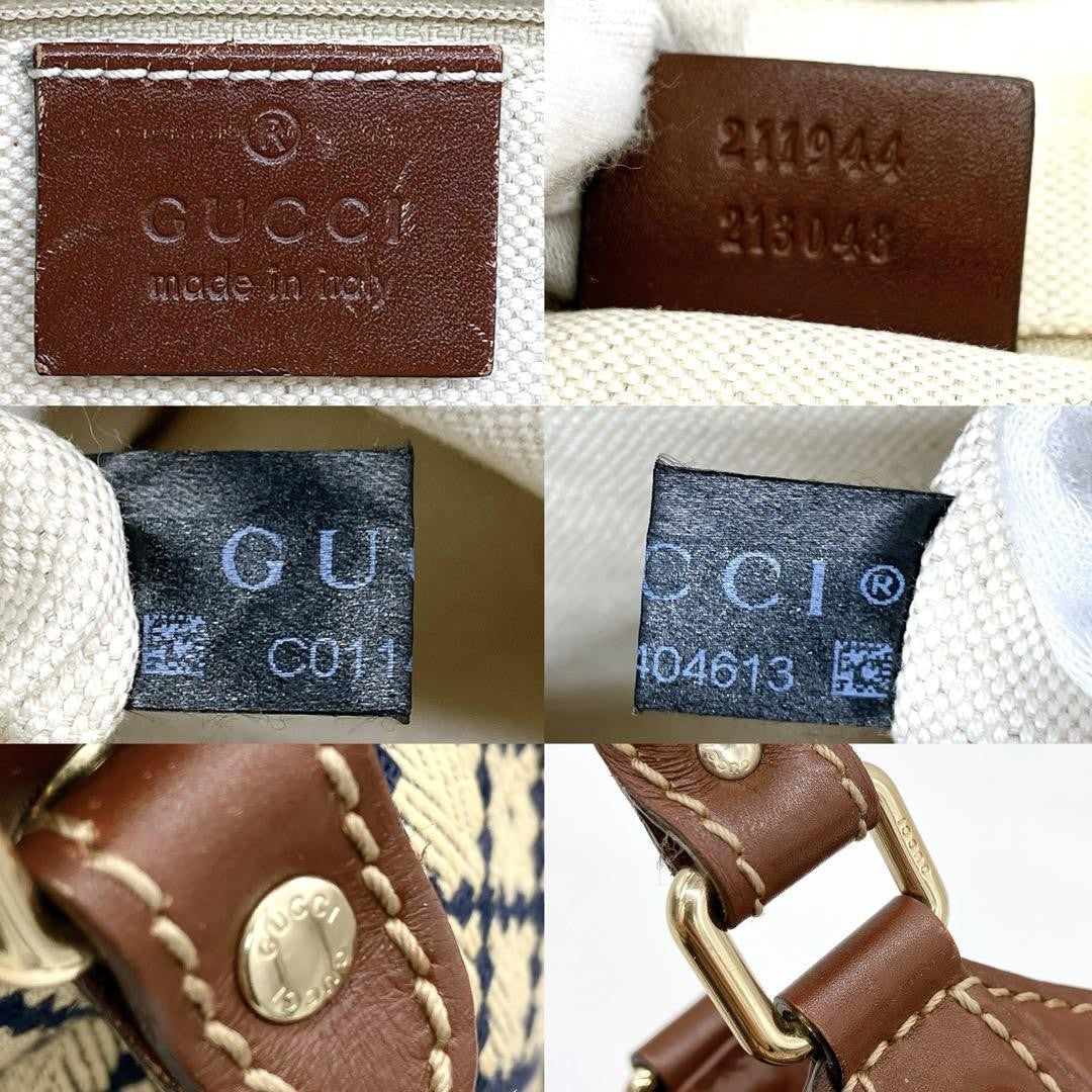 GUCCI Hand Bag Tote Purse Diamante Canvas Leather Beige Brown Navy Authentic