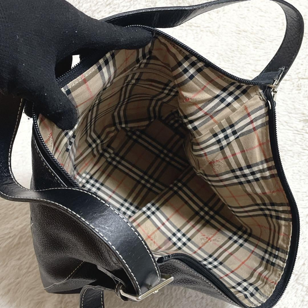 BURBERRY Shoulder Bag Purse Nova Check Leather Black Authentic