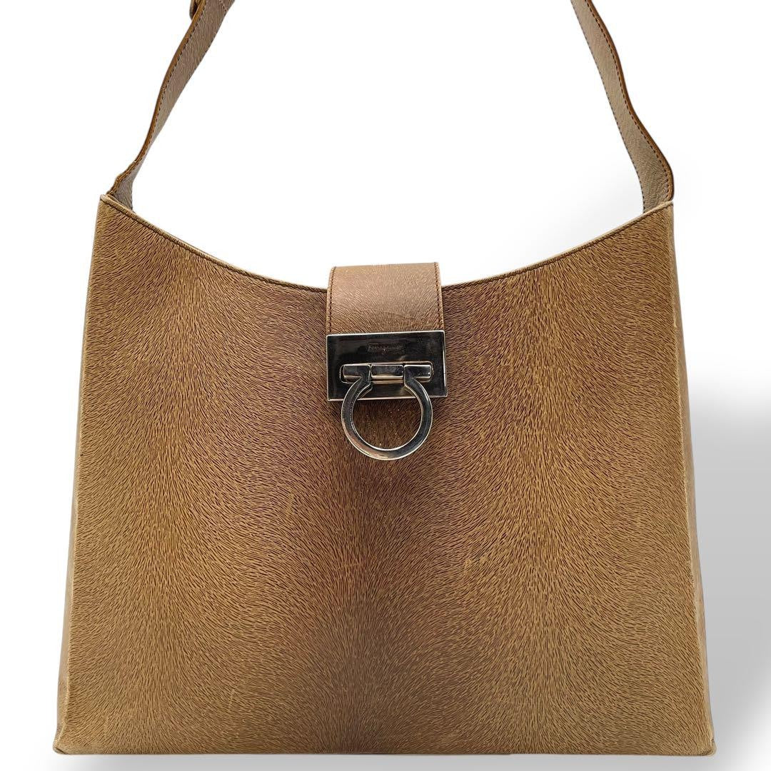 Salvatore Ferragamo Shoulder Bag Purse Gancini Leather Brown Authentic