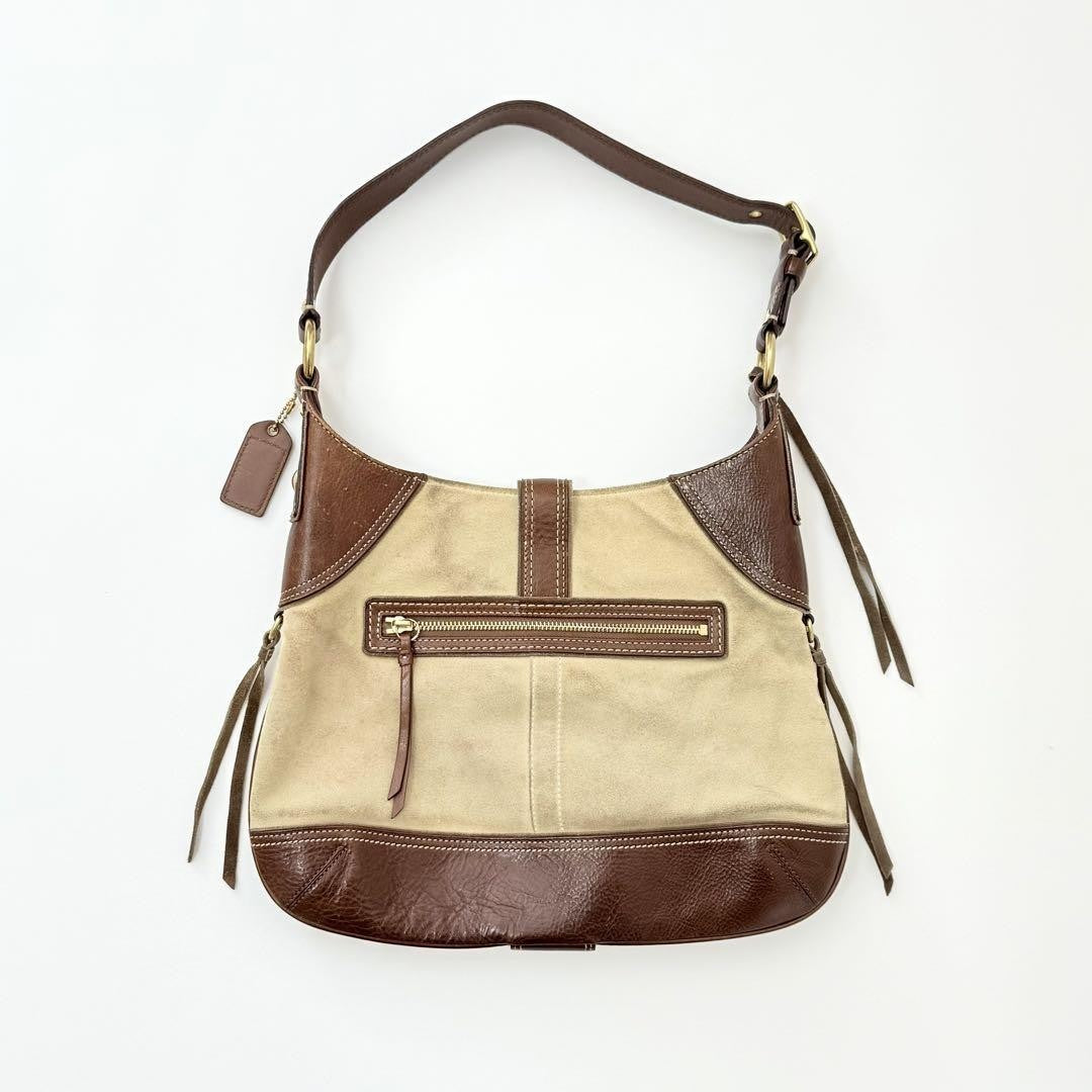 COACH Shoulder Bag Purse Patchwork Mosaic Hampton Hobo Dark Brown Beige Auth
