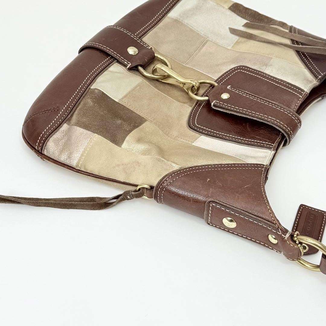 COACH Shoulder Bag Purse Patchwork Mosaic Hampton Hobo Dark Brown Beige Auth