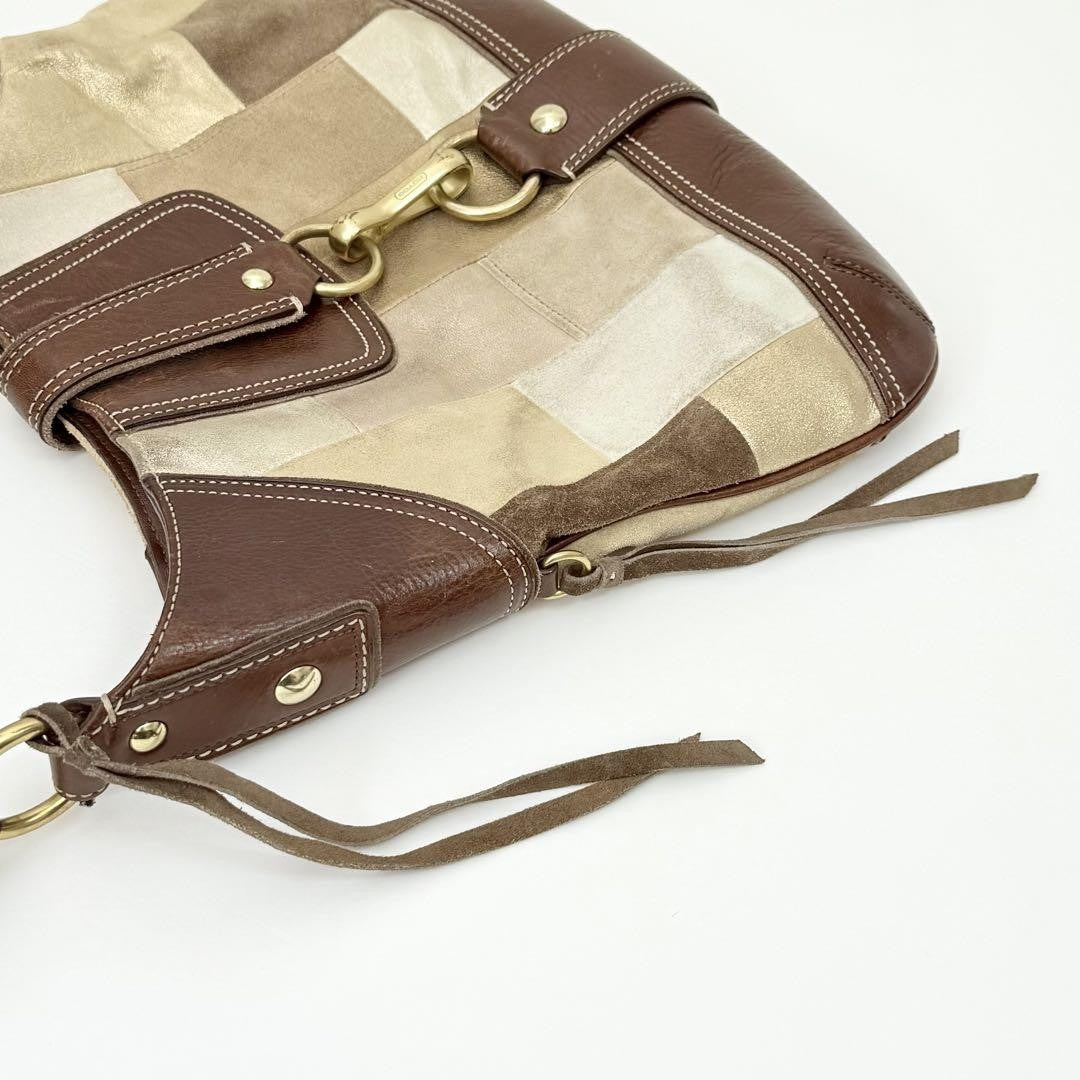 COACH Shoulder Bag Purse Patchwork Mosaic Hampton Hobo Dark Brown Beige Auth