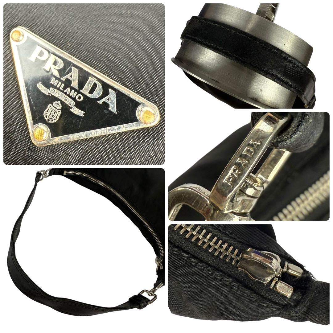 PRADA Accessory Pouch Hand Bag Tote Purse Logo Nylon Leather Black Authentic