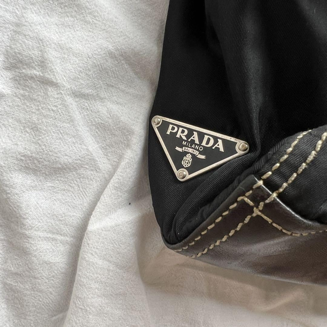 PRADA Hand Bag Tote Purse Logo Nylon Leather Black Authentic