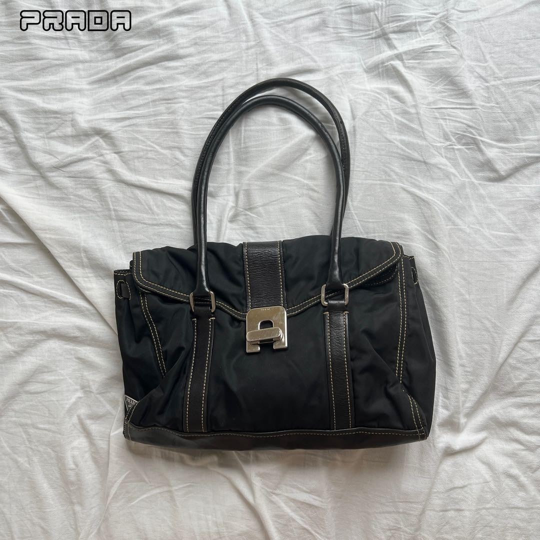 PRADA Hand Bag Tote Purse Logo Nylon Leather Black Authentic