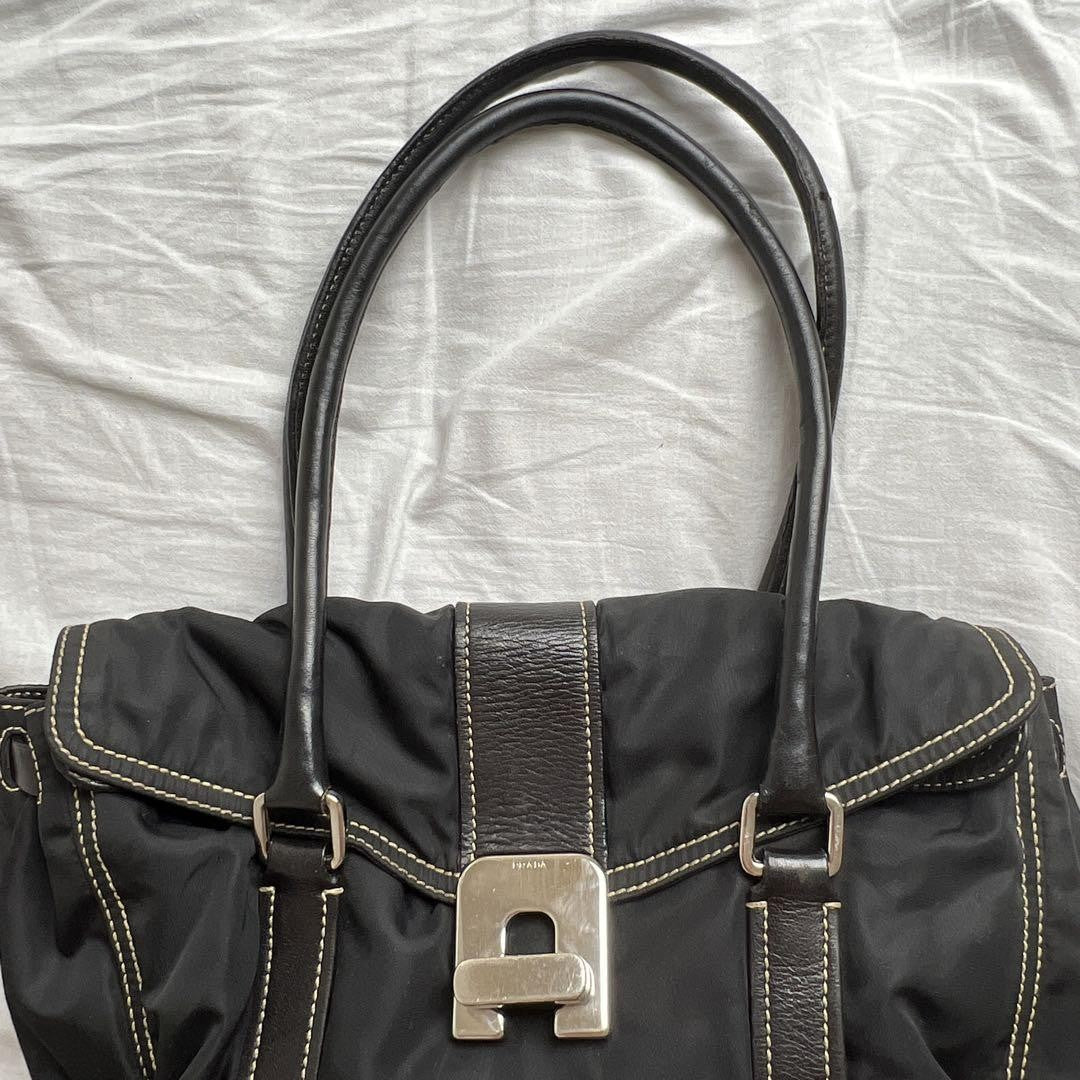 PRADA Hand Bag Tote Purse Logo Nylon Leather Black Authentic