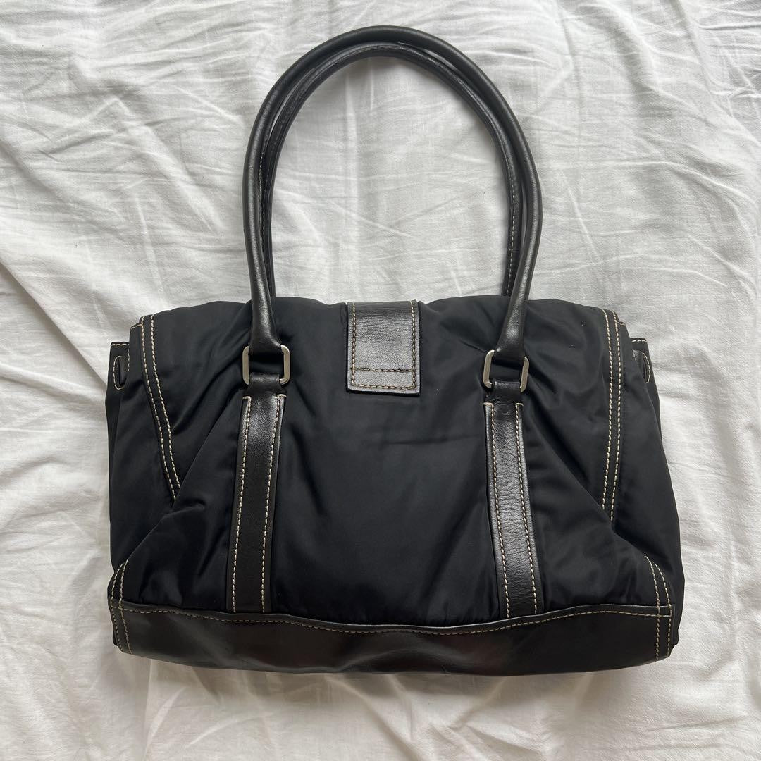 PRADA Hand Bag Tote Purse Logo Nylon Leather Black Authentic