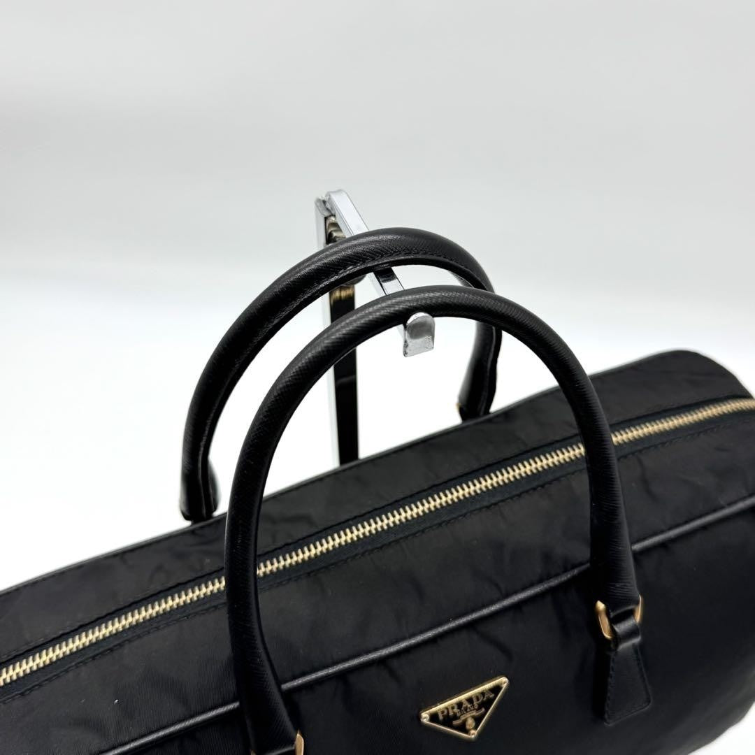 PRADA Hand Bag Tote Purse Logo Nylon Leather Black Authentic