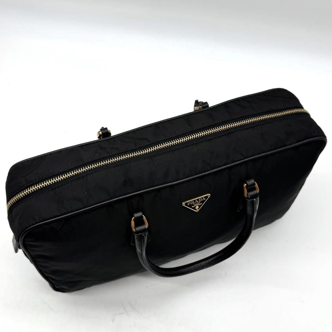 PRADA Hand Bag Tote Purse Logo Nylon Leather Black Authentic
