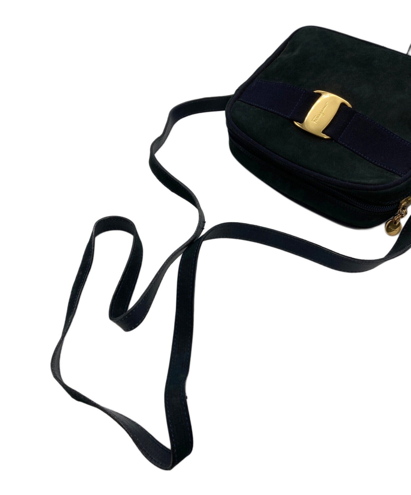 Salvatore Ferragamo Shoulder Bag Purse Vara Suede Navy Authentic