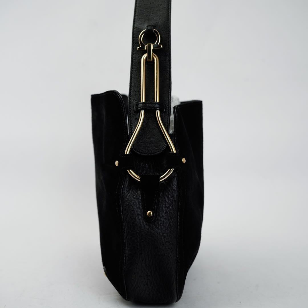 Salvatore Ferragamo Shoulder Bag Purse Gancini Suede Leather Black Authentic